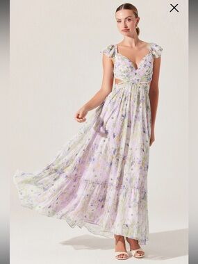 astr the label primrose purple floral pleated ruffle strappy maxi dress small